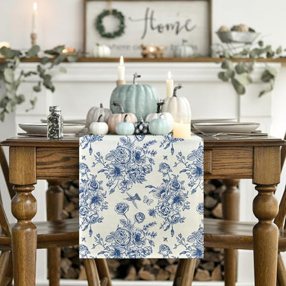 Artoid Mode Spring Beige Blue Floral Chinoiserie Table Runner, Seasonal Summer - Image 2