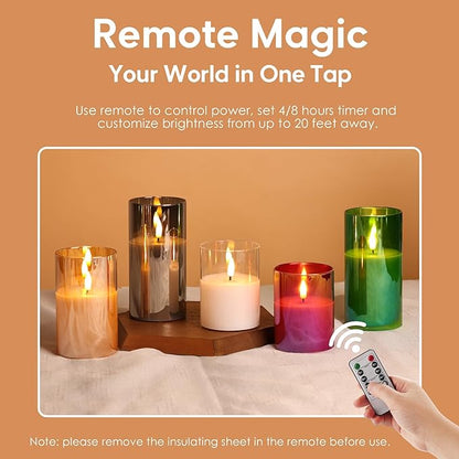 Eywamage Green Glass Flameless Pillar Candles with Remote, Flickering Christmas Battery LED Candles Holiday Decor Set of 3