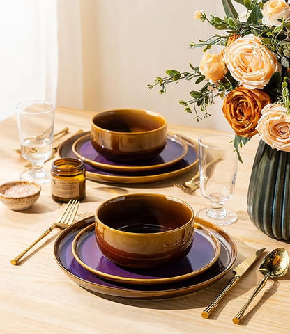 TheTerra Ceramic Dinnerware Sets for 4, 12 Pieces Handmade Reactive Glaze Plates and Bowls Set, Scratch Resistant Dish Set, Oven & Microwave & Dishwasher Safe, Amber Amethyst