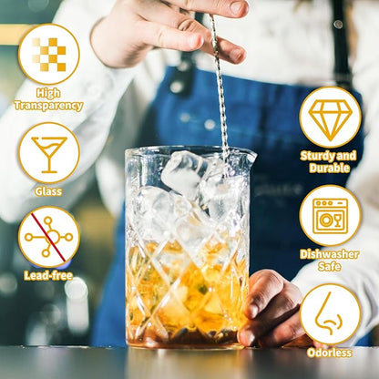 4 Pcs 24 oz Cocktail Mixing Glass Crystal Stirring Glass Thick Bottom Seamless Cocktail Pitcher Tools for Bartender Home Bar Whiskey Martini Drink Shaker Accessories