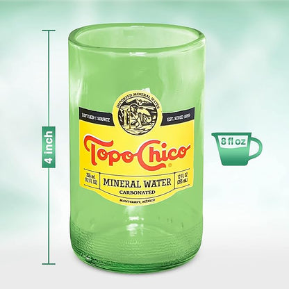 Topo Chico Drinking Glasses Green 8 Fl Oz Fire Polished Smooth Rim Upcycled (Set of 2) Gift - Glassware Sets - Glass Tumbler - Water Cocktail Wine Whiskey Tequila Glass - Cup - Drinkware