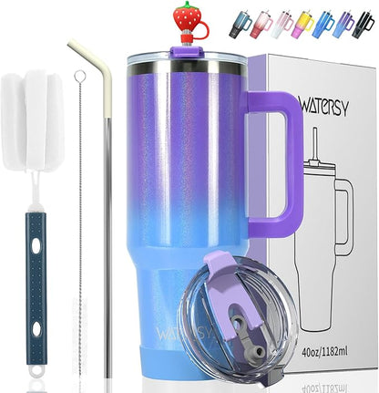 40 oz Shiny Tumbler with Handle and Straw, Stainless Steel Tumbler with Lid and by Watersy