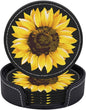 Coasters for Drinks PU Leather,Set of 6 with Holder,Round Housewarming Gift Home Decor,Black Watercolor Sunflower