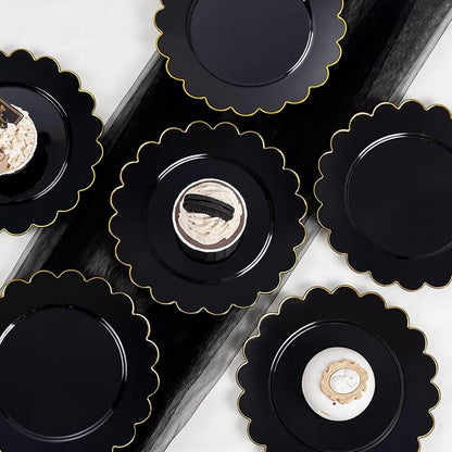 LIYH 100 Pcs Black Plastic Scalloped Plates - Disposable Dessert Plates with Elegant Gold Rim Cake Plate Disposable for Salad Parties Cass Reunions Wedding