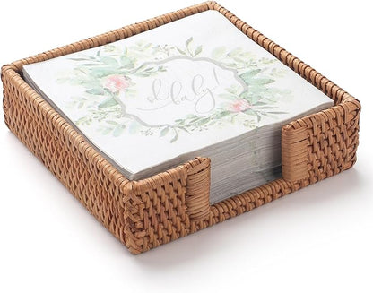 Rattan Napkin Holder Square, Wicker Napkin Basket for Kitchen, Flat Napkin Holders for Paper Napkins, Woven Luncheon Napkin Holder for Table (7.5 x 7.5 x 2.5 inch)