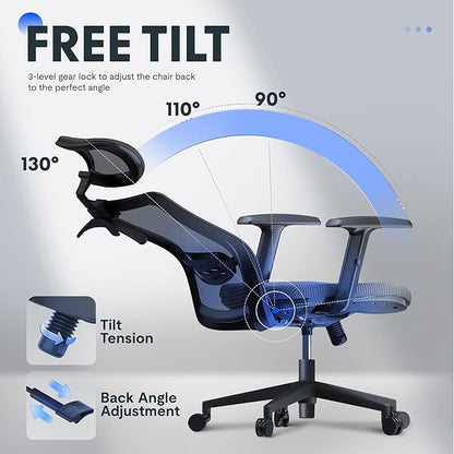 FLEXISPOT Ergonomic Office Chair, High Back Home Office Desk Chairs with Adjustable Lumbar Support, Armrests,90-130° Tilt Lock, Comfort Wide Cushion, Swivel Computer Gaming Chairs for Adults (Gray)
