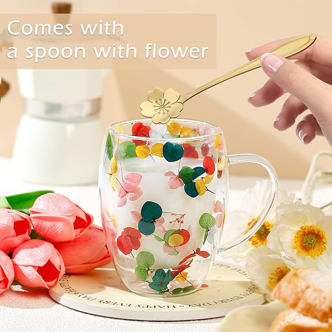 Gifts for Women Dried Flowers Double Wall Glass Coffee Mugs Cute Glass Tea Cups - Image 2