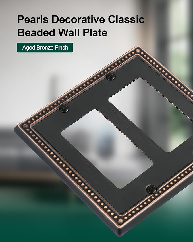 2-Pack Double Decorator Outlet Cover Plate, Pearls Decorative Switch Plates and Outlet Covers, 2 Gang Aged Bronze Metal Wall Plates, Corrosion Resistant