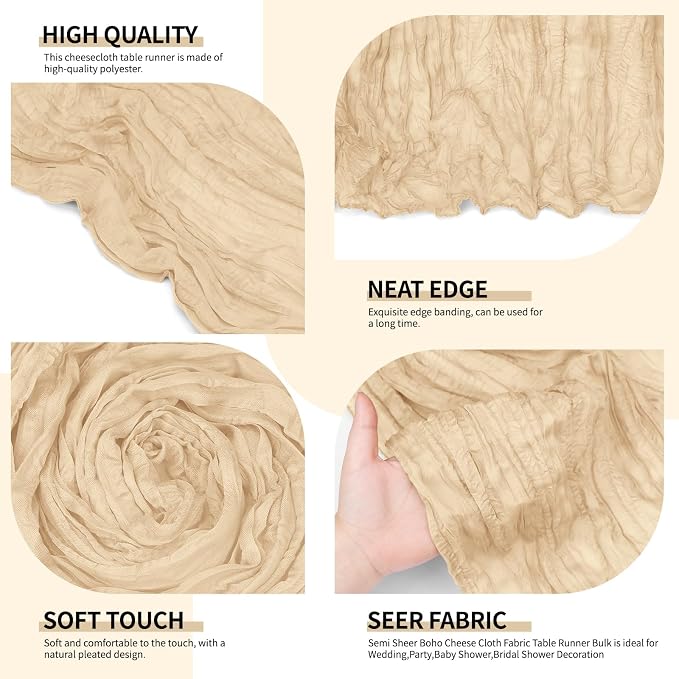 4 Pack Beige Cheesecloth Table Runner 10Ft, Gauze Table Runners 21.5 x 120 inch - Image 3