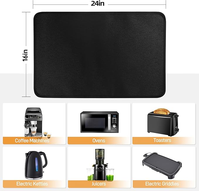 Heat Resistant Mat for Air Fryer, 16 x 24in Heat Resistant Mat for Countertop, Fireproof Silicone Countertop Protector Appliance Slider for Air Fryer, Coffee Maker, Toaster, Oven (Black)