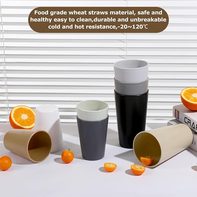 HEYCOME Set of 16 Wheat Straw Cups, Reusable Plastic Cups Sets, Water Glasses - Image 4