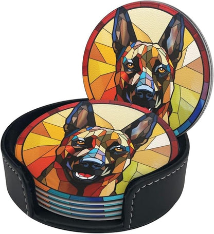 Drink Coaster Set of 6, Belgian Malinois Dog Mom Lover Gift,Leather Drink Coasters with Holder,6 Pack Cup/Bar/Drink Coasters for Table/Drinks/Coffee Protection Housewarming Gift