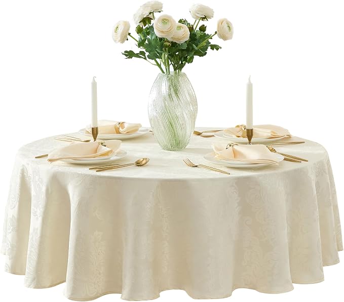 Newbridge Barcelona Luxury Damask Fabric Tablecloth, 70” Round, Antique White - Image 7