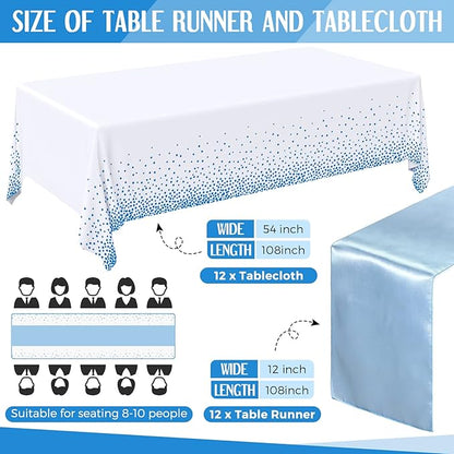 Breling 24 Packs Baby Blue and White Disposable Plastic Tablecloths and Satin Table Runner Set, 54 x 108 Inch Tablecloth, 12 x 108 Inch Table Runners for Wedding Graduation Birthday Baby Shower