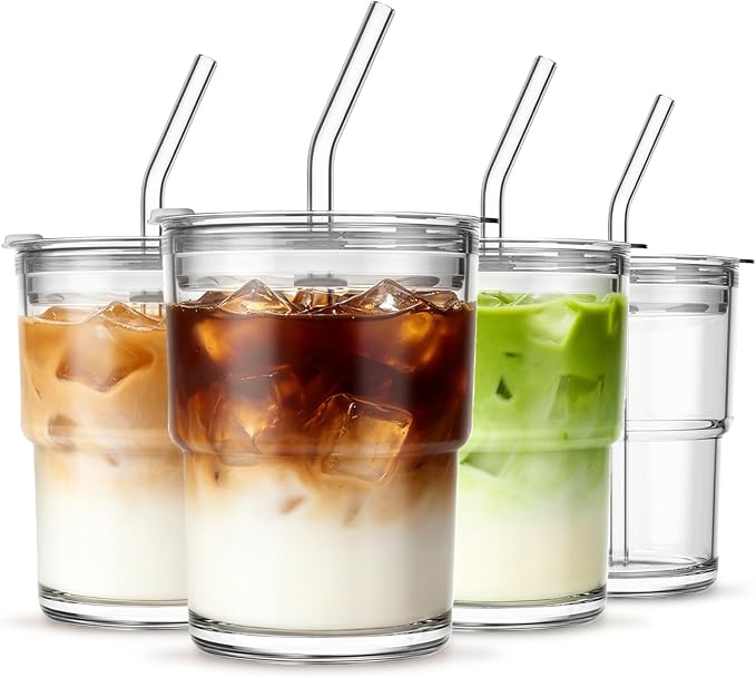 INSETLAN 13 oz Portable Glass Tumblers Set of 4, Thick Wall Glass Cups by INSETLAN