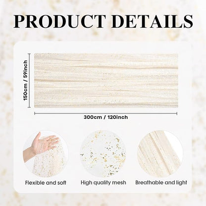 Artoid Mode Beige Gold Gauze Table Runner 59x120 Inch 10FT, Glitter Metallic Foil Sheer Dining Wedding Anniversary Holiday Birthday Table Decor for Home Party