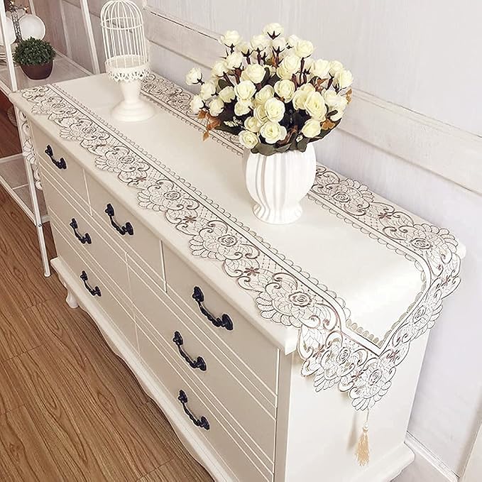 Embroidered Lace Table Runner, Arzoe Elegant Vintage Mantel Scarf, Dresser - Image 4