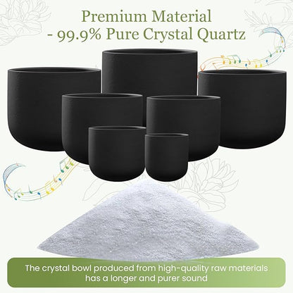432HZ 6-12 Inch 7 Pcs Black Frosted Crystal Singing Bowl Set for Meditation Healing Yoga Chakra Quartz Crystal Sound Bowls with Heavy Duty Carry Cases and Rubber Mallet,Suede Striker,O-rings