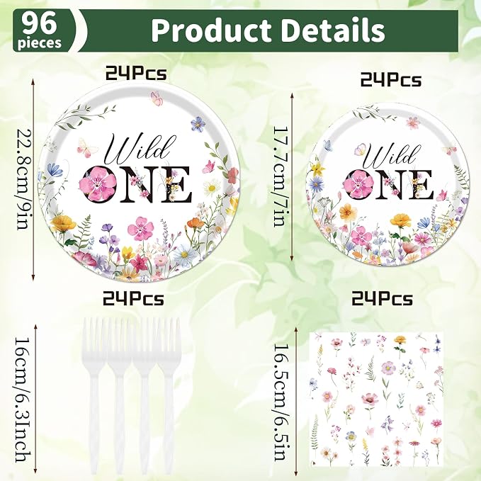Rakuto Wildflower 1st Birthday Decorations Supplies, Disposable Floral Paety - Image 2