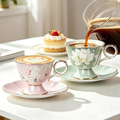 KAMMAK Tea Cups Set of 2, Ceramic Floral Pattern Demitasse Cup | Porcelain - Image 5