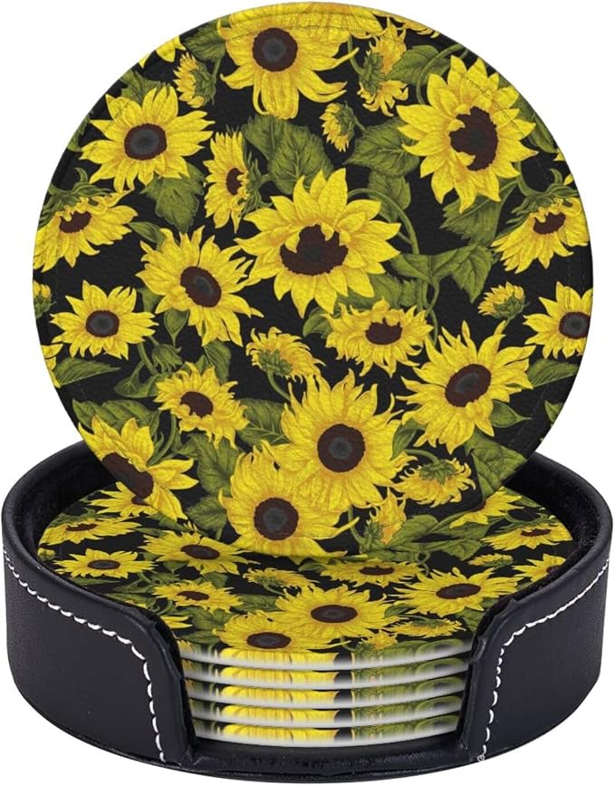 Drink Coasters with Holder Stand Set of 6, Sunflower Pu Leather Absorbent by Unknown