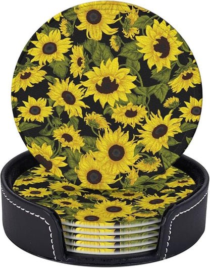 Drink Coasters with Holder Stand Set of 6, Sunflower Pu Leather Absorbent by Unknown