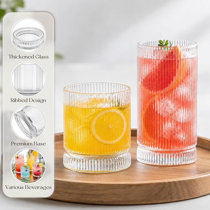 KEMORELA Ribbed Glassware Set of 8—4 Large Capacity Highball Glasses 16oz - Image 4