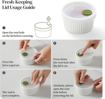 DOWAN Ramekins with lids 6 oz, Creme Brulee Ramiken Oven Safe, Ceramic Baking Bowls Souffle Dishes, Custard Cups Charcuterie Boards Bowls Dipping Sauces, Set of 6, White