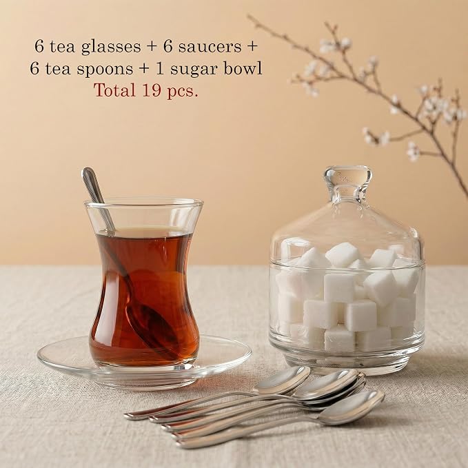 19 Pieces Turkish Tea Glasses Set Includes; 6 Glasses, Tea Cups, 6 Saucers - Image 6