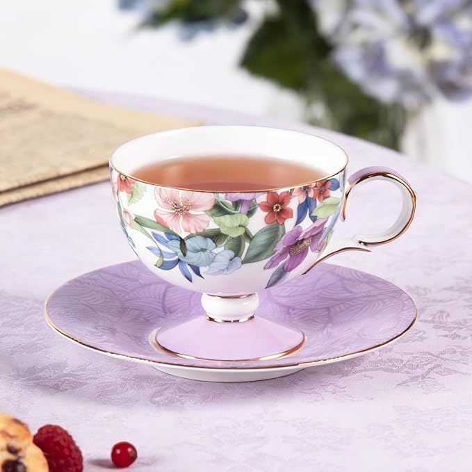 KAMMAK Tea Cups Set of 2, Ceramic Floral Pattern Demitasse Cup | Porcelain - Image 3