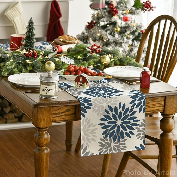 Artoid Mode Dahlia Aqua Floral Pinnata Flower Winter Table Runner, Seasonal - Image 2