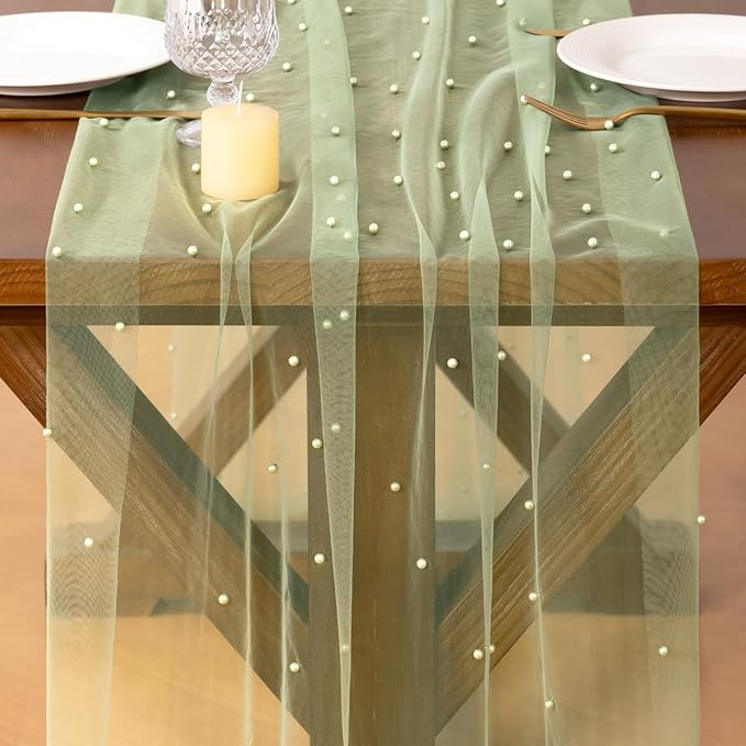 Pearl Table Runner Summer Tulle Gauze Sheer Wedding Party Home Decor | Sage - Image 5