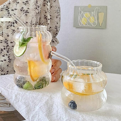 MANMAOHE 14 Oz Ribbed Glass Cups Set of 2 Creative Wavy Drinking Glasses - Image 6