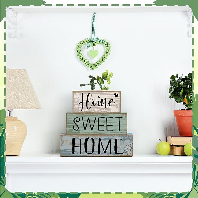 Moucuny 4 Pcs Farmhouse Wooden Table Decor Rustic Home Sweet Home Stacked - Image 5