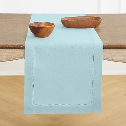 Solino Home 100% Pure Linen Table Runner Aqua Blue Hemstitch, 14 x 156 in | by SolinoHome