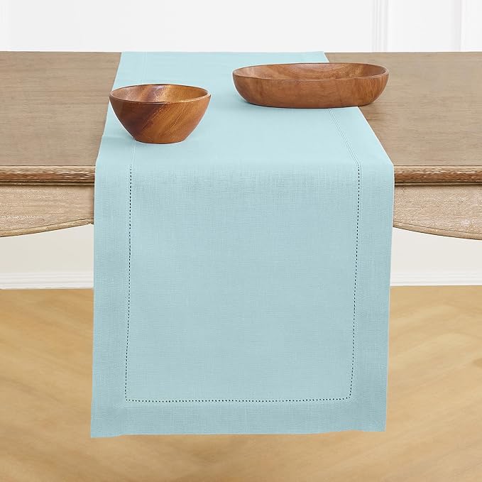 Solino Home 100% Pure Linen Table Runner Aqua Blue Hemstitch, 14 x 108 in | by SolinoHome