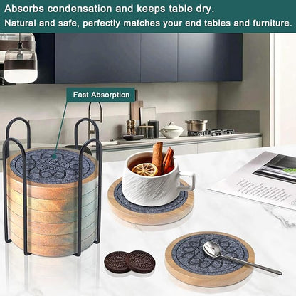 Wood Coasters for Drinks Set of 8, Minacun Absorbent Coaster, Drinks Coasters for Coffee Tabletop Protection, Non-Slip, Non-Stick, Suitable for Kinds of Cups Wooden Table Drink, 4.3 Inch Gray