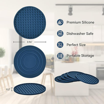 Coasters for Drinks, Silicone Coasters Set of 16 with Metal Holder, Outdoor Coaster for Coffee Table, Non-Slip Rubber Table Cup Mat Desk, Heat Resistant & Scratch-Proof (Navy Blue)