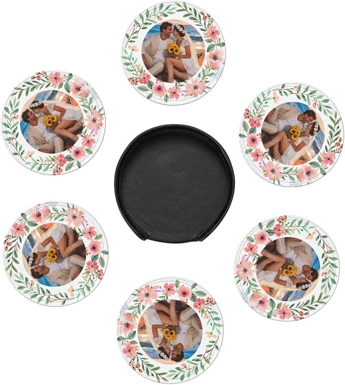 Photo Picture Custom with Flowers Design Print Leather Coasters Set of 6 with - Image 4