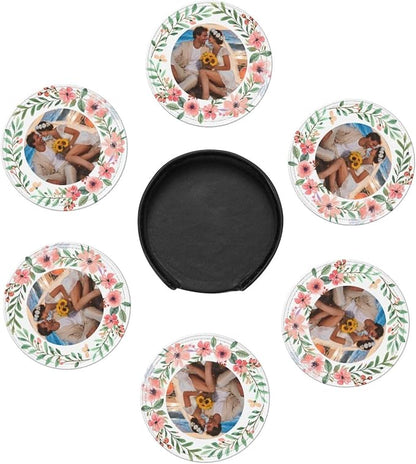 Photo Picture Custom with Flowers Design Print Leather Coasters Set of 6 with - Image 4