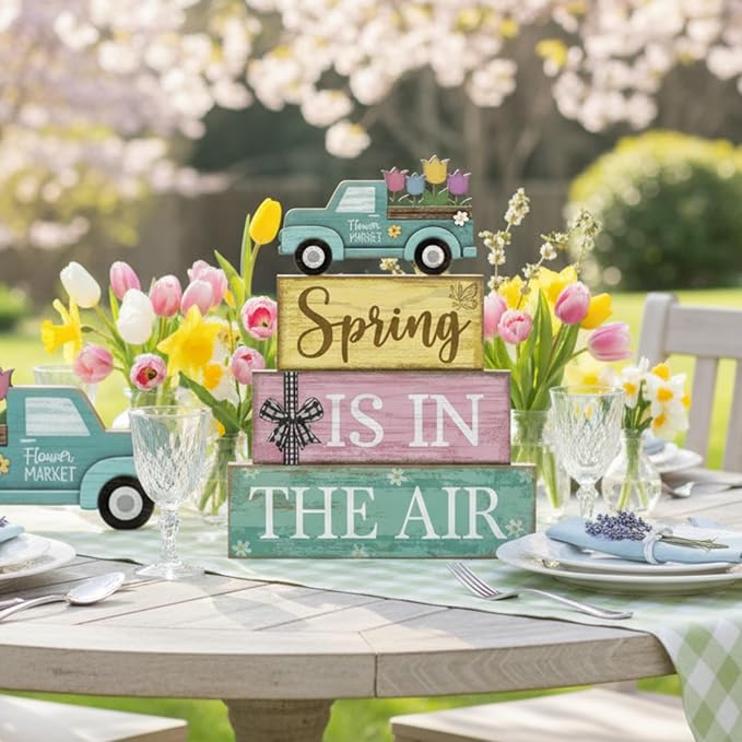 Moucuny 4 Pcs Spring Table Decor Wooden Blue Truck Decoration Flower - Image 4