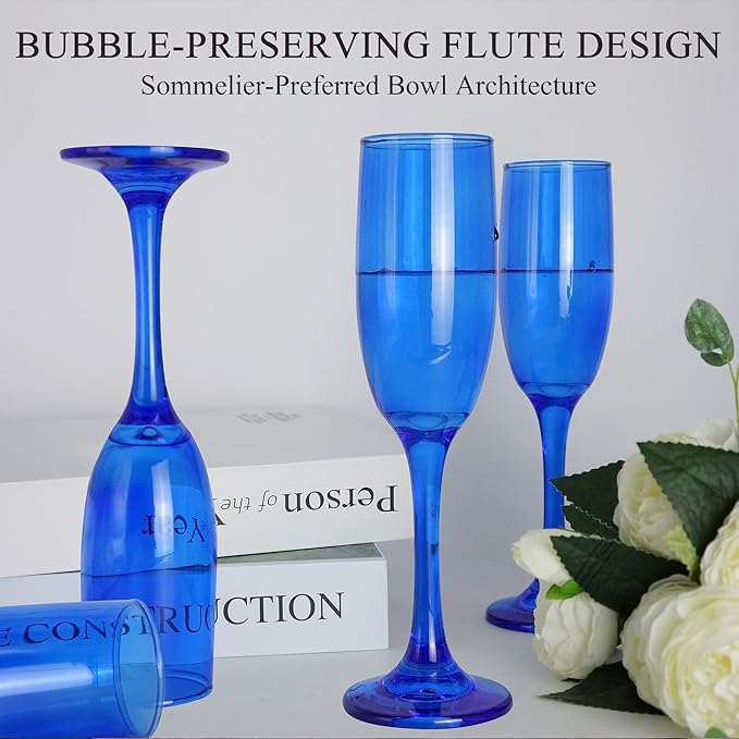 Champagne Flutes Glasses Set of 6-6oz Elegant Blue Glass, Unique Blue Colored Long Stem Champagne Flute Gift for Wedding, Anniversaries, Parties, Birthday, Restaurant, Home Bar