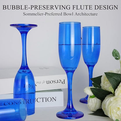 Champagne Flutes Glasses Set of 6-6oz Elegant Blue Glass, Unique Blue Colored Long Stem Champagne Flute Gift for Wedding, Anniversaries, Parties, Birthday, Restaurant, Home Bar