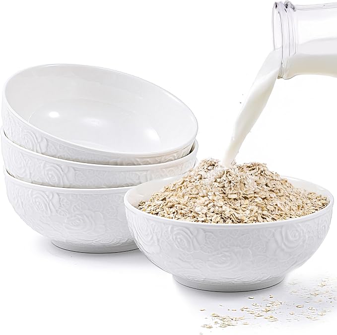 Porcelain Cereal Bowls Set of 4, 26 oz – 6.5" Wide White Floral Embossed by THRYVONA
