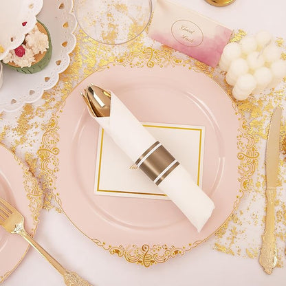 Nervure 175PCS Pink Plastic Plates - Disposable Pink Gold Party Plates & Pre Rolled Napkins with Cutlery for 25 Guests, 50Plates, 75Silverware, 25Cups, 25Napkin for Wedding & Party