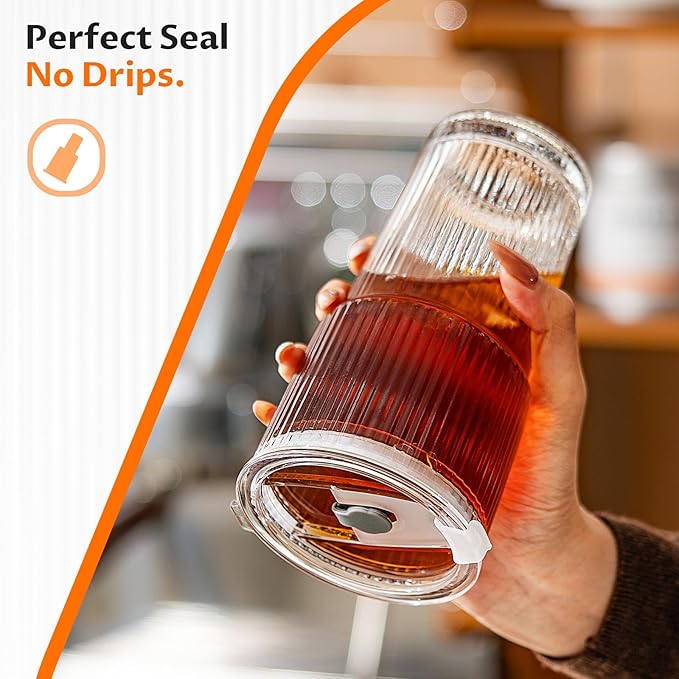 20oz Iced Coffee Cups with Lids, Glass Coffee Cups with Lids and Straws | Clear - Image 3