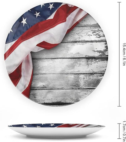 Decorative Plates, American Flag Print Ornament, Flag on Wood Planks, 8 Inch, Kitchen Wall Decor, Multicolor