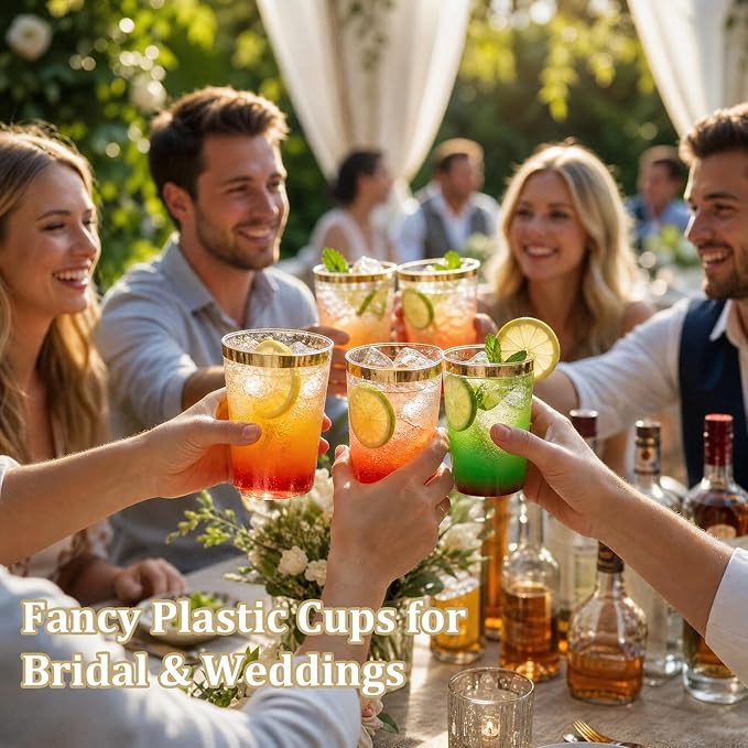 DaYammi 200 Pack Gold Plastic Cups 10 Oz Clear Cup Gold Rimmed Disposable Wine - Image 8