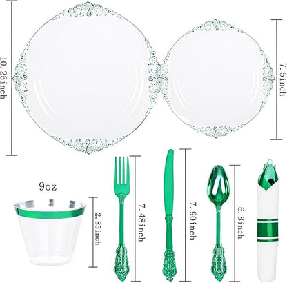 Hioasis 175pcs Clear and Green Plates - Green Party Plates for 25 Guest, Include 50 Heavy-duty Plates(20% Thicker Than Standard), 25 Pre Rolled Gold Plastic Silverware Set, 25 Cups for St. Patrick's D