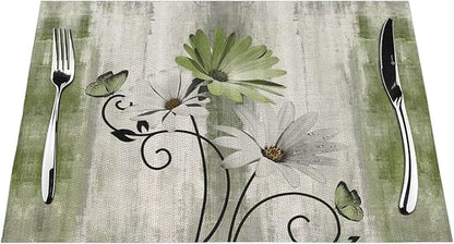 Floral Place mats Set of 4, 12x18 Inches Rustic Sage Green Daisy Flower Decorative Placemats Rectangle Floral Linen Table Mats for Party Home Kitchen,Dining Table Decoration